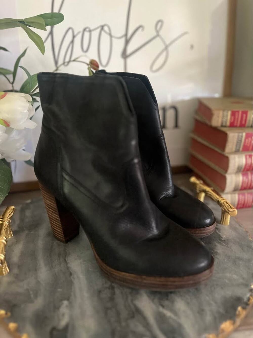 Lucky Brand Leather Ankle Boot 8M Black Western Cowboy Heeled Rodeo Country Boho